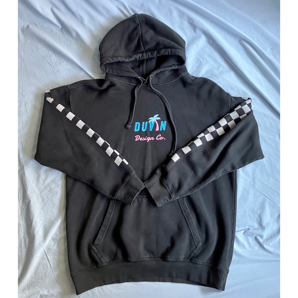 DUVIN DESIGN CO. Palm Tree Hoodie Sweatshirt Black Checkerboard Sleeve Mens M